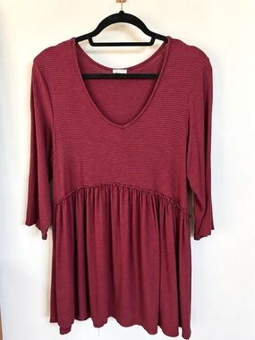 Utility Women’s Large Burgundy Stripe Babydoll Tunic Dress 3/4 Sleeve Flowy Boho